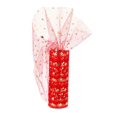 Tüll Stoff Rolle 9m x 15cm Sterne, rot / gold