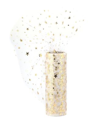 Tüll Stoff Rolle 9m x 15cm Sterne, weiß / gold