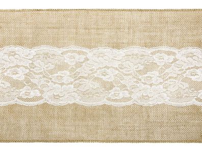 Tischläufer Jute mit mittiger Spitze 28cm x 2.75m natur braun / weiß