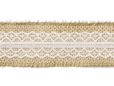 Juteband mit mittiger weißer Spitze 5cm x 5m Rolle natur braun weiß