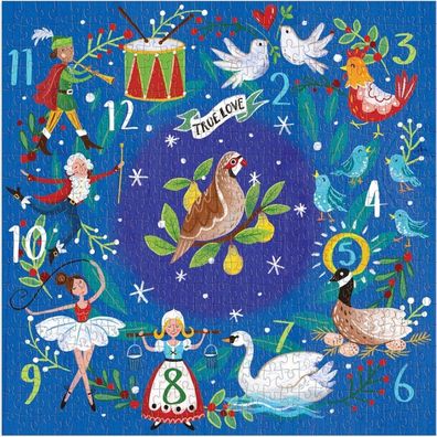Galison Quadratisches Puzzle 12-Tage-Weihnachtskranz 500 Teile
