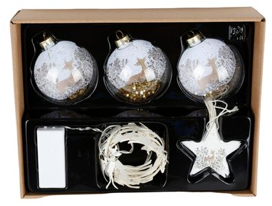 Deko-Geschenkset Baumschmuck Rentier 10tlg Glaskugeln, Lichterkette und Anhänger