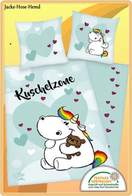 Bettwäsche Pummeleinhorn Einhorn Baumwolle Bärchen Türkis Herz Gr. 135x200cm NEU