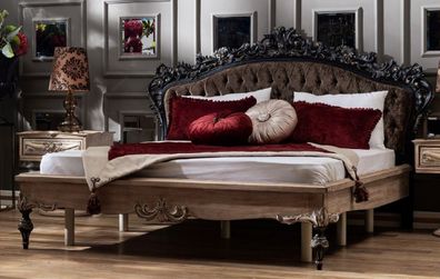 Casa Padrino Luxus Barock Doppelbett Dunkelbraun / Naturfarben / Schwarz / Gold - Edl