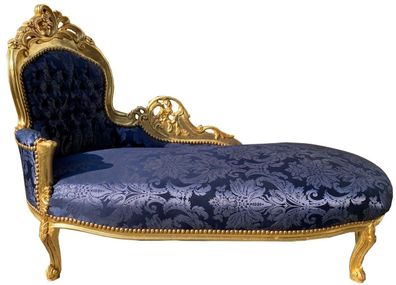 Casa Padrino Barock Chaiselongue Linke Seite Blau / Gold - Handgefertigte Massivholz