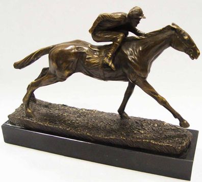Casa Padrino Luxus Bronze Skulptur Jockey mit Pferd Bronze / Gold / Schwarz 29 x 7,9