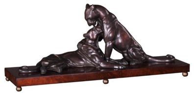 Casa Padrino Luxus Deko Bronzefiguren mit Holzsockel 2 Tiger Bronze / Braun 83 x 23 x