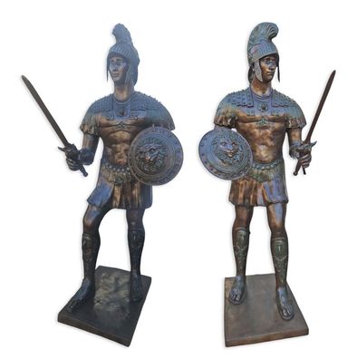 2 Bronzeskulpturen römische Soldaten 210cm Replikat Retro Design Dekoration