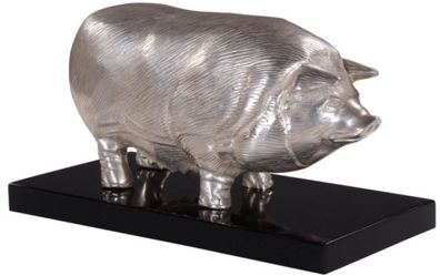 Casa Padrino Luxus Bronzefigur Schwein auf Holzsockel Silber / Schwarz 35 x 17 x H. 1