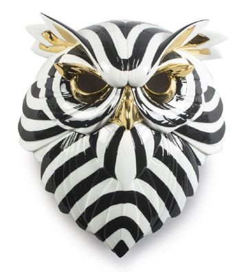 Casa Padrino Luxus Porzellan Deko Maske Eule Schwarz / Weiß / Gold 32 x 14 x H. 35 cm