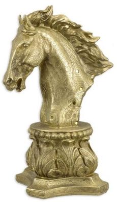 Casa Padrino Kunstharz Deko Skulptur Pferdekopf auf Barock Sockel Gold 17,9 x 22,5 x