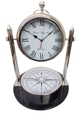 Casa Padrino Tischuhr mit Kompass Silber / Schwarz Ø 48 x H. 63,5 cm - Wohnzimmer Dek