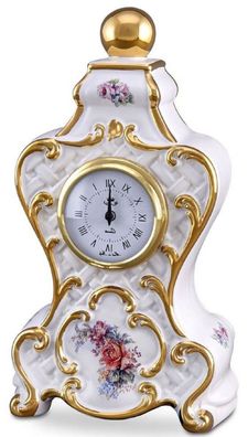 Casa Padrino Barock Tischuhr Weiß / Gold / Mehrfarbig 17 x 12 x H. 30 cm - Prunkvolle