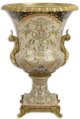 Casa Padrino Barock Deko Porzellan Vase Mehrfarbig / Messingfarben Ø 52 x H. 75,5 cm