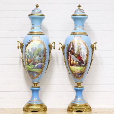 Casa Padrino Deko Vasen Hellblau / Gold 30 x H. 100 cm - Barockstil Porzellan Vasen S