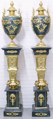Casa Padrino Barock Vasen mit Marmor Säulen Set Blau / Gold 30 x 30 x H. 180 cm - Ede