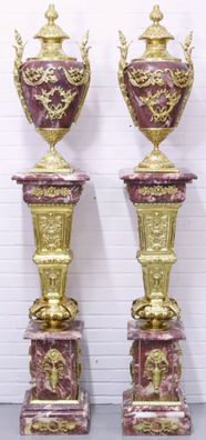 Casa Padrino Barock Vasen mit Marmor Säulen Set Rot / Gold 30 x 30 x H. 180 cm - Edel