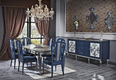 Casa Padrino Luxus Barock Esszimmer Set Blau / Silber - Esstisch und 6 Esszimmerstühl