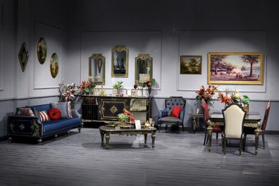 Casa Padrino Luxus Barock Wohnzimmer & Esszimmer Set Blau / Schwarz / Gold - Barockmö