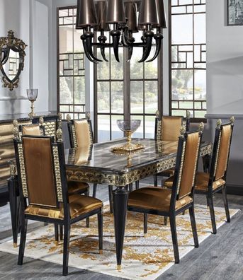 Casa Padrino Luxus Barock Esszimmer Set Gold / Schwarz - 1 Esstisch und 6 Esszimmerst