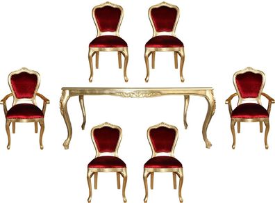 Casa Padrino Luxus Barock Esszimmer Set Bordeauxrot / Gold - 1 Esstisch mit Glasplatt