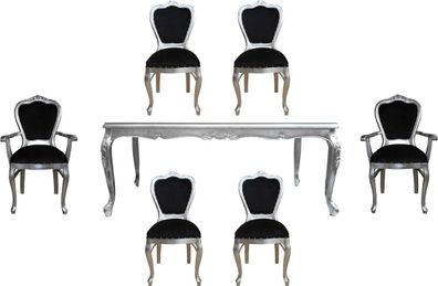 Casa Padrino Luxus Barock Esszimmer Set Schwarz / Silber - 1 Esstisch mit Glasplatte