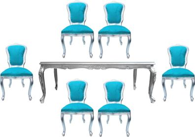 Casa Padrino Luxus Barock Esszimmer Set Türkis / Silber - 1 Esstisch mit Glasplatte u
