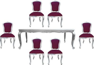 Casa Padrino Luxus Barock Esszimmer Set Lila / Silber - 1 Esstisch mit Glasplatte und