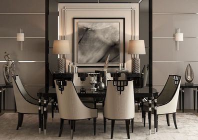 Casa Padrino Luxus Art Deco Esszimmer Set Grau / Schwarz / Silber - 1 Esstisch & 6 Es