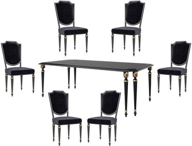 Casa Padrino Luxus Barock Esszimmer Set Schwarz / Antik Gold - 1 Esszimmertisch & 6 E