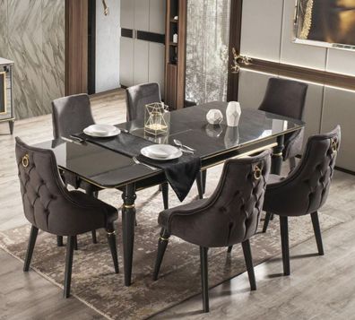 Casa Padrino Luxus Art Deco Esszimmer Set Grau / Gold - 1 ausziehbarer Esszimmertisch