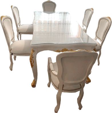 Casa Padrino Luxus Barock Esszimmer Set Weiß / Gold - 1 Esstisch mit Glasplatte & 6 E