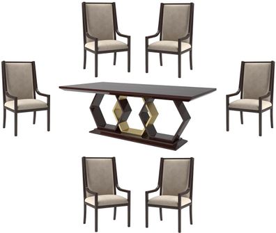 Casa Padrino Luxus Art Deco Esszimmer Set Beige / Dunkelbraun Hochglanz / Gold - 1 Es