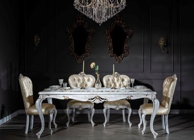Casa Padrino Luxus Barock Esszimmer Set Gold / Antik Weiß - 1 Esstisch & 6 Esszimmers