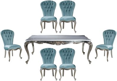 Casa Padrino Luxus Barock Esszimmer Set Hellblau / Silber - 1 Esstisch & 6 Esszimmers