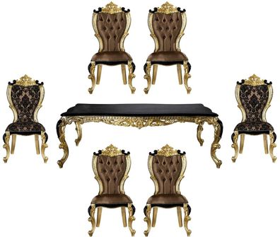 Casa Padrino Luxus Barock Esszimmer Set Braun / Schwarz / Gold - 1 Esstisch & 6 Esszi