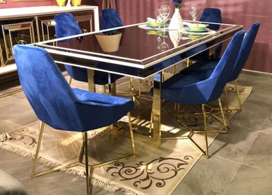 Casa Padrino Luxus Esszimmer Set Blau / Weiß / Gold - 1 Esszimmertisch & 6 Esszimmers