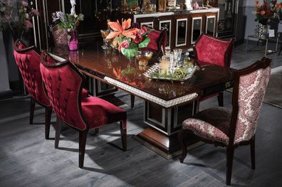 Casa Padrino Luxus Barock Esszimmer Set Bordeauxrot / Dunkelbraun / Silber - 1 Esstis