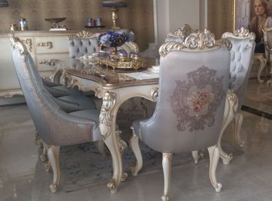 Casa Padrino Luxus Barock Esszimmer Set Silber / Creme / Gold - 1 Esstisch & 6 Esszim
