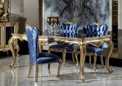 Casa Padrino Luxus Barock Esszimmer Set Blau / Silber / Gold - 1 Esstisch & 6 Esszimm