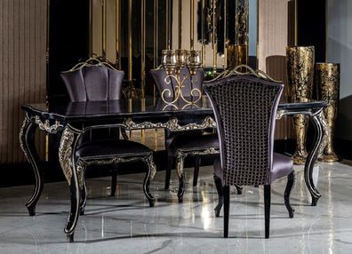 Casa Padrino Luxus Barock Esszimmer Set Lila / Schwarz / Gold - 1 Esstisch & 6 Esszim