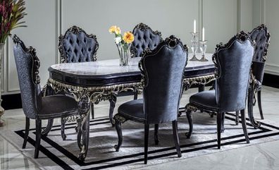 Casa Padrino Luxus Barock Esszimmer Set Weiß / Blau / Gold - 1 Esstisch & 6 Esszimmer