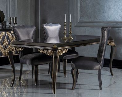 Casa Padrino Luxus Barock Esszimmer Set Blau / Schwarz / Gold - 1 Esstisch mit Glaspl