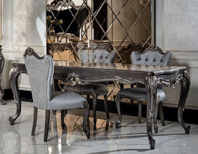 Casa Padrino Luxus Barock Esszimmer Set Hellblau / Dunkelgrau - 1 Esstisch & 6 Esszim
