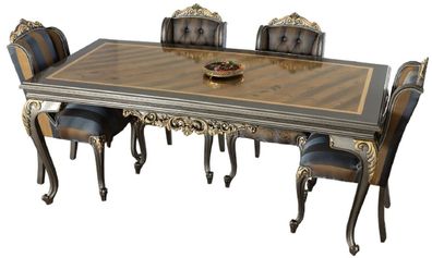 Casa Padrino Luxus Barock Esszimmer Set Blau / Grau / Gold - 1 Esszimmertisch & 6 Ess