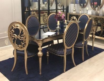 Casa Padrino Luxus Barock Esszimmer Set Blau / Antik Gold - 1 Esszimmertisch & 6 Essz