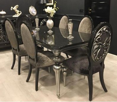 Casa Padrino Luxus Barock Esszimmer Set Schwarz / Grau / Silber - 1 Esszimmertisch