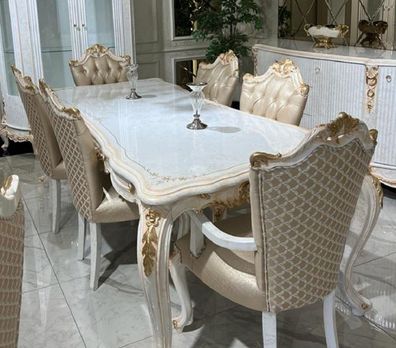 Casa Padrino Luxus Barock Esszimmer Set Weiß / Gold - 1 Barock Esstisch & 6 Barock Es