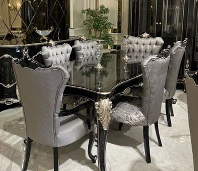 Casa Padrino Luxus Barock Esszimmer Set Silber / Schwarz / Silber - 1 Esstisch & 6 Es