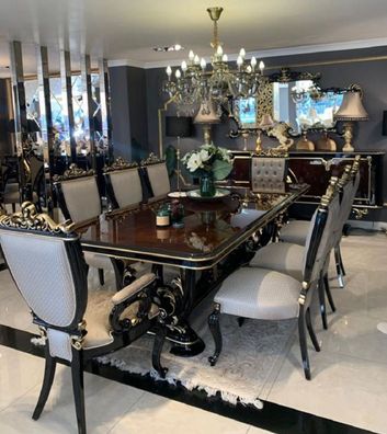 Casa Padrino Luxus Barock Esszimmer Set Braun / Silber / Schwarz / Gold - 1 Barock Es